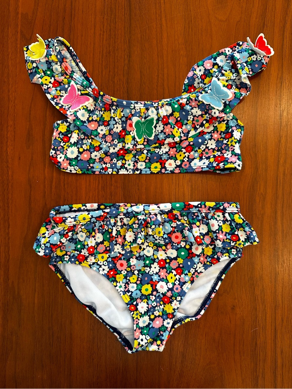 Mini Boden Girls Floral 3D Butterfly Ruffle Two-Piece Swim Set - Navy size 6-7
